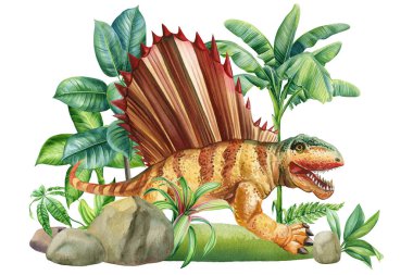 Tropikal ormanlardaki dinozorlar, orman palmiyesi yaprakları, suluboya bitki resimleri, suluboya dinozor resimleri. afiş, kart, clipart. Yüksek kaliteli illüstrasyon