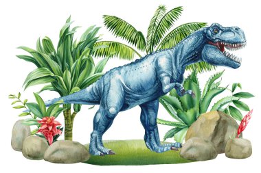 Tarih öncesi manzaralı dinozor suluboya çizimi, palmiye, bitkiler. Tyrannosaurus rex el ayrıntılı bir dinazor yelkeni çizdi. Yüksek kaliteli illüstrasyon