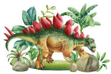 Ormandaki dinozorlar, Stegosaurus dinozorunun suluboya çizimleri. Tarih öncesi manzarası olan el yapımı bir hayvan. Yüksek kaliteli illüstrasyon