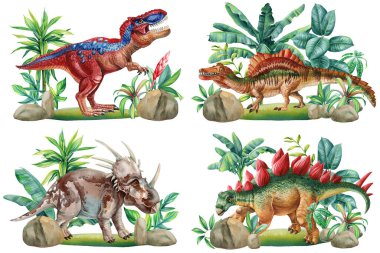 Ormandaki dinozorlar, Stegosaurus dinozorunun suluboya çizimleri. Tarih öncesi manzarası olan el yapımı bir hayvan. Yüksek kaliteli illüstrasyon