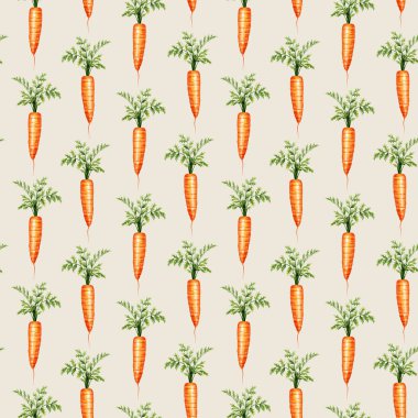 Havuçlar pürüzsüz arka plan, suluboya botanik resim kusursuz desen. Komik tasarımı süslemek için gerçekçi havuç imajı. Yüksek kaliteli illüstrasyon