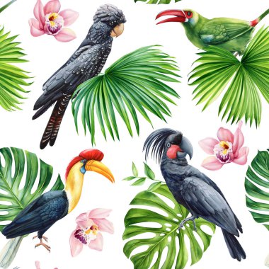 Kusursuz şekilsiz suluboya çizimler tropikal çiçek yaprakları papağan kuşları, bitki örtüsü, botanik desenler. Yüksek kaliteli illüstrasyon