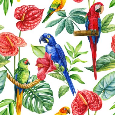 Kusursuz şekilsiz suluboya çizimler tropikal palmiye yaprakları papağan kuşları bitki örtüsü, tropik desenler. Yüksek kaliteli illüstrasyon