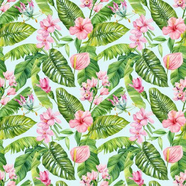 Hawaii 'nin kusursuz deseni. Renkli tropikal palmiye yaprakları, çiçekli egzotik çiçekli arka plan, suluboya botanik çizimler. Yaprak tasarımı. Yüksek kaliteli illüstrasyon