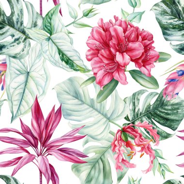 Hawaii 'nin kusursuz deseni. Renkli tropik palmiye yaprakları, rhododendron, zambak çiçekleri egzotik çiçek arkaplanı, suluboya botanik çizimi. Yaprak tasarımı. Yüksek kaliteli illüstrasyon