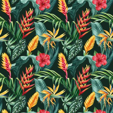 Hawaii 'nin kusursuz deseni. Tropik palmiye yaprakları, strelitzia çiçekleri egzotik çiçekli arka plan, suluboya botanik çizimler. Yüksek kaliteli illüstrasyon