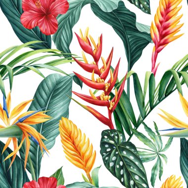 Hawaii 'nin kusursuz deseni. Tropik palmiye yaprakları, strelitzia çiçekleri egzotik çiçekli arka plan, suluboya botanik çizimler. Yüksek kaliteli illüstrasyon