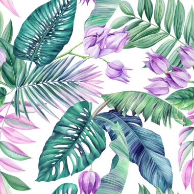 Hawaii 'nin kusursuz deseni. Renkli tropikal palmiye yaprakları, çiçekli egzotik çiçekli arka plan, suluboya botanik çizimler. Yaprak tasarımı. Yüksek kaliteli illüstrasyon