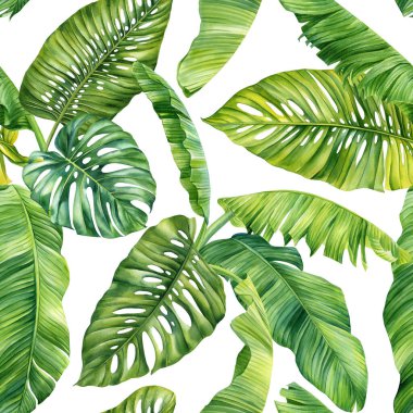 Tropik desen, yaz suluboya palmiye yaprakları. Duvar kâğıdı kumaş tasarımı için yeşil desen. Çiçekli el çizimi. Yüksek kaliteli illüstrasyon