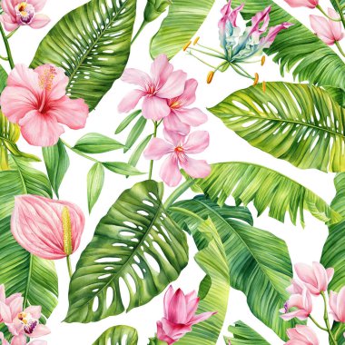 Hawaii 'nin kusursuz deseni. Renkli tropikal palmiye yaprakları, çiçekli egzotik çiçekli arka plan, suluboya botanik çizimler. Yaprak tasarımı. Yüksek kaliteli illüstrasyon