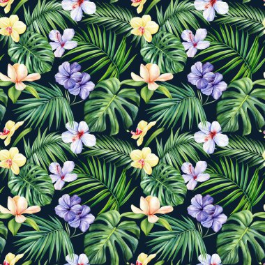 Hawaii 'nin kusursuz deseni. Renkli tropikal palmiye yaprakları, çiçekli egzotik çiçekli arka plan, suluboya botanik çizimler. Yaprak tasarımı. Yüksek kaliteli illüstrasyon