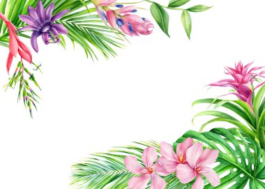 Palmiye yapraklı tropik çerçeve, satılık çiçekler, düğün kartı, parti davetiyesi. Suluboya şablonları izole. Yüksek kaliteli illüstrasyon