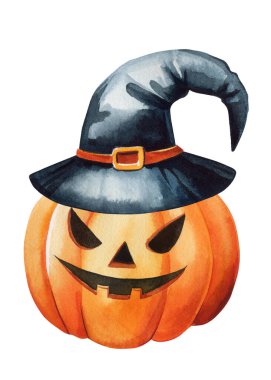 Cadılar Bayramı balkabağı ve cadılar şapkası suluboya arka planda. El çizimi Komik sonbahar balkabağı. Yüksek kaliteli illüstrasyon