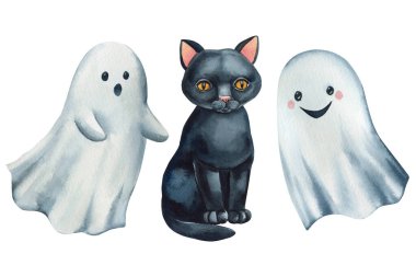 Cadılar Bayramı seti, kara kedi, izole edilmiş hayalet suluboya. El çizimi, beyaz arka planda izole edilmiş komik bir çizgi film çizimi. Ürkütücü tasarım. Yüksek kaliteli illüstrasyon