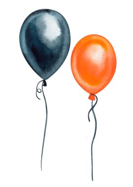 İzole edilmiş beyaz arka planda hava balonu, suluboya illüstrasyon, el çizimi Cadılar Bayramı kliması, turuncu ve siyah balon. Yüksek kaliteli illüstrasyon