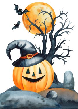 Cadılar Bayramı posteri, siyah ağaç, cadı şapkalı balkabağı, izole edilmiş ay. Suluboya resim çizimi, kartpostal. Yüksek kaliteli illüstrasyon