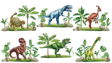 Suluboya dinozor izole edilmiş arka plan, tarih öncesi manzara, bitki, palmiye. El yapımı Dino klipsi, antik hayvanlar. Yüksek kaliteli illüstrasyon