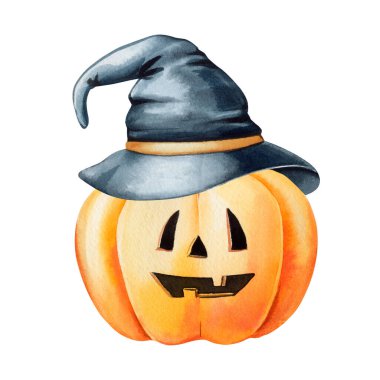 Cadılar Bayramı portakallı balkabağı ve cadılar şapkası suluboya arka planda. Elle çizilmiş sonbahar zirvesi. Komik balkabağı. Yüksek kaliteli illüstrasyon