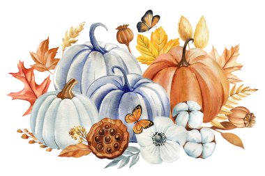 Sonbahar balkabağı resimleri, çiçekler, yapraklar. Suluboya elle boyanmış. Tebrik kartı, poster, sonbahar festivali, tasarım. Yüksek kaliteli illüstrasyon