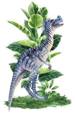 Gerçekçi dinozor, Jura bitkisi izole edilmiş. Ansiklopedi ansiklopedisi için elle boyanmış dinozor resimleri. Yüksek kaliteli illüstrasyon