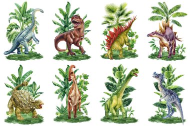 Gerçekçi dinozor, Jura bitkisi izole edilmiş. Ansiklopedi ansiklopedisi için elle boyanmış dinozor resimleri. Yüksek kaliteli illüstrasyon