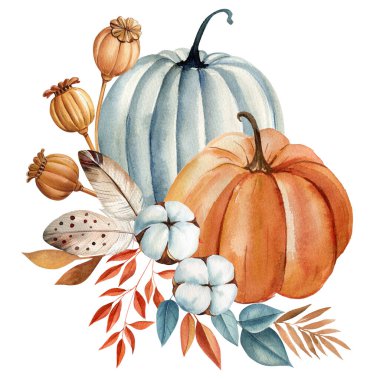 Balkabakları ve yapraklar, sonbahar çiçekleri, Cadılar Bayramı öğesi, beyaz arka planda izole edilmiş suluboya çizimleri. Yüksek kaliteli illüstrasyon