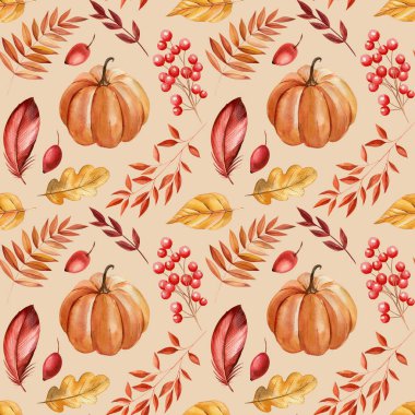 Sonbahar desenli sulu boya kuru yapraklar, çiçekler, çiçek unsurları, balkabağı. Zarif sonbahar tasarımları için sezonluk aksanlar. Yüksek kaliteli illüstrasyon