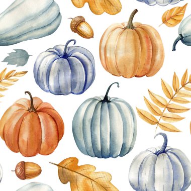 Sonbaharın cazibesi, suluboya balkabakları ve canlı yapraklar içeren kusursuz sonbahar deseni. Büyüleyici sonbahar hasat tasarımları, mevsimlik dekorlar ve şenlikli arka planlar yaratmak için ideal..