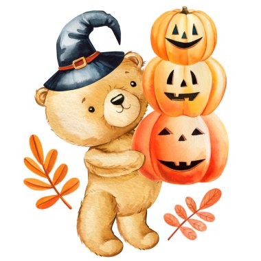 İzole edilmiş beyaz arka plan sonbahar tatili posterinde ürkütücü unsurları olan neşeli suluboya Cadılar Bayramı oyuncak ayıları. Yüksek kaliteli illüstrasyon