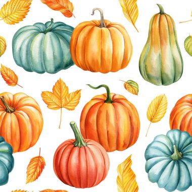 Renkli balkabakları, dikişsiz yapraklar. Mevsimsel tasarımlar için sonbahar suluboya doğa deseni. Yüksek kaliteli illüstrasyon