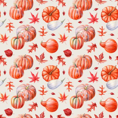 Güzel balkabakları, dikişsiz yapraklar. Mevsimsel tasarımlar için sonbahar suluboya doğa deseni. Yüksek kaliteli illüstrasyon