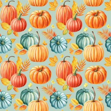 Renkli balkabakları, yapraklar, kelebekler, kusursuz desenler. Sonbahar suluboya, elle boyanmış doğal desenler mevsimlik tasarımlar. Yüksek kaliteli illüstrasyon