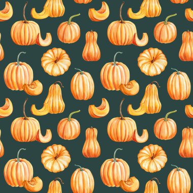 Renkli balkabakları, dikişsiz yapraklar. Mevsimsel tasarımlar için sonbahar suluboya doğa deseni. Yüksek kaliteli illüstrasyon