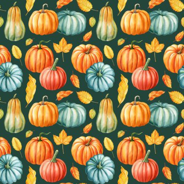 Renkli balkabakları, sonbahar titreşimleri pürüzsüz desen. Sonbahar yeşilliği, el boyası, tasarımlar için parlak renk deseni. Yüksek kaliteli illüstrasyon