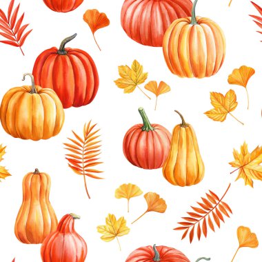 Güzel balkabakları, dikişsiz yapraklar. Mevsimsel tasarımlar için sonbahar suluboya doğa deseni. Yüksek kaliteli illüstrasyon