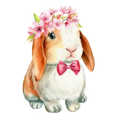 Kiraz çiçeği tacıyla tüylü tavşan, yay kurdelesi yalıtılmış. El boyası suluboya resimler, çocuk odası resimleri, posterler. Yüksek kaliteli illüstrasyon