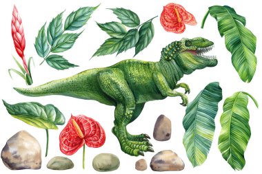 Dinozorlar, yapraklar ve taşlar yerleştirildi. Çocuk projeleri ve eğitim materyalleri için elle boyanmış suluboya resimli tyrannosaurus. Yüksek kaliteli illüstrasyon