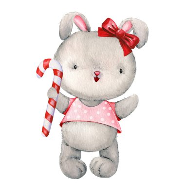 Kırmızı papyonlu şirin bir Noel tavşanı, tatil kış lolipopu beyaz arka planda izole edilmiş, suluboya elle boyanmış. Yüksek kaliteli illüstrasyon