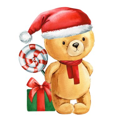 Noel Baba şapkalı oyuncak oyuncak oyuncak. Arka planda elle çizilmiş kırmızı bir suluboya var. Noel Ayısı 'nı elle çiziyor. Yüksek kaliteli illüstrasyon