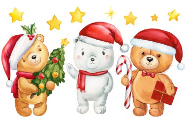 Noel ayısı seti. Kırmızı Noel Baba şapkalı neşeli Teddy Kutup Ayısı elle çizilmiş suluboya arka plan izole edilmiş. clipart. Yüksek kaliteli illüstrasyon