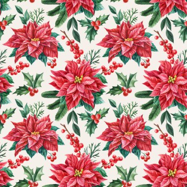 Sulu boya desenli, şenlikli noel süslemeleri, çobanpüslü, noktalı çiçekler, süsler ve kış yaprakları. Yüksek kaliteli illüstrasyon