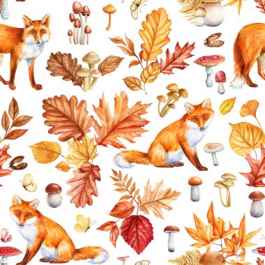 Orman yaratıkları, doğanın pürüzsüz desenleri, suluboya tilki, meşe yaprağı, mantar, sonbahar ambalajı için meşe palamudu. Yüksek kaliteli illüstrasyon