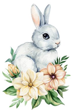 Zarif çiçekleri, yaprakları ve bebek partisi dekorasyonu için suluboya resimleriyle sevimli bir orman tavşanı. Yavru hayvan. poster. Yüksek kaliteli illüstrasyon