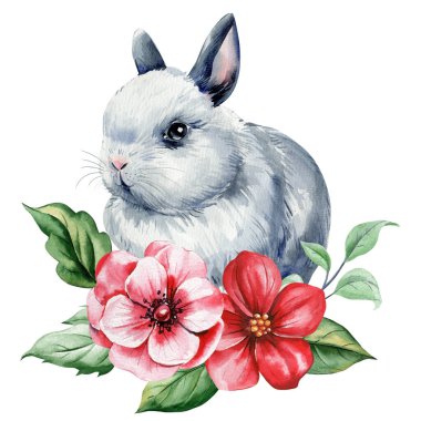 Suluboya gri tavşan pastel kırmızı çiçekler, çocuk odası dekoru için yeşillik, bahar temaları. El boyaması tavşan sanatı. Yüksek kaliteli illüstrasyon