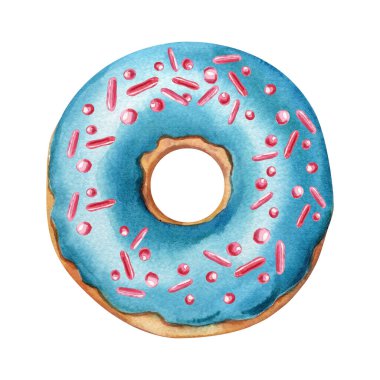 suluboya donut çizimi, üzerine şeker serpiştirilmiş mavi donut, kafein menüsü tasarımı izole edilmiş tatlı tatlı tatlı resmi, pasta. Yüksek kaliteli illüstrasyon