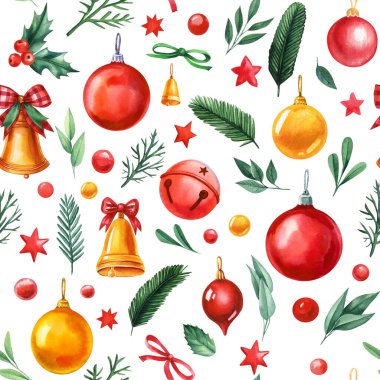 Garip, kusursuz bir Noel deseni. Geleneksel suluboya süsler, yemyeşil yapraklar ve şenlikli kırmızı ve altın dekoru. Yüksek kaliteli illüstrasyon