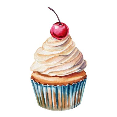 Kek, kirazlı lezzetli kek, beyaz arka plan suluboya tatlı klipinde izole edilmiş elle boyanmış pasta çizimi. Yüksek kaliteli illüstrasyon