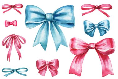 Saten fiyonkları beyaz arkaplanda izole edildi. El yapımı kurdele koleksiyonu, zarif dekoratif yay klipsi. Yüksek kaliteli illüstrasyon