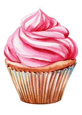 Tatlı suluboya kek, beyaz arka planda izole edilmiş pembe pasta, sevgililer günü için mükemmel, romantik tasarım. Yüksek kaliteli illüstrasyon