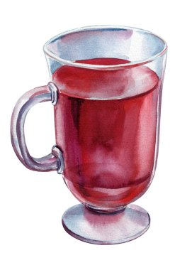 Beyaz arka planda izole edilmiş suluboya şarap, sıcak içecek. Tatil için sıcak kırmızı şarap. Yüksek kaliteli illüstrasyon